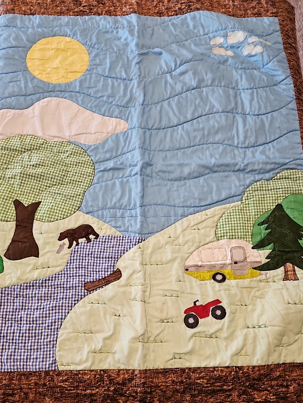 Handmade Camping Scene Quilted Throw - Blue, Green, Cream